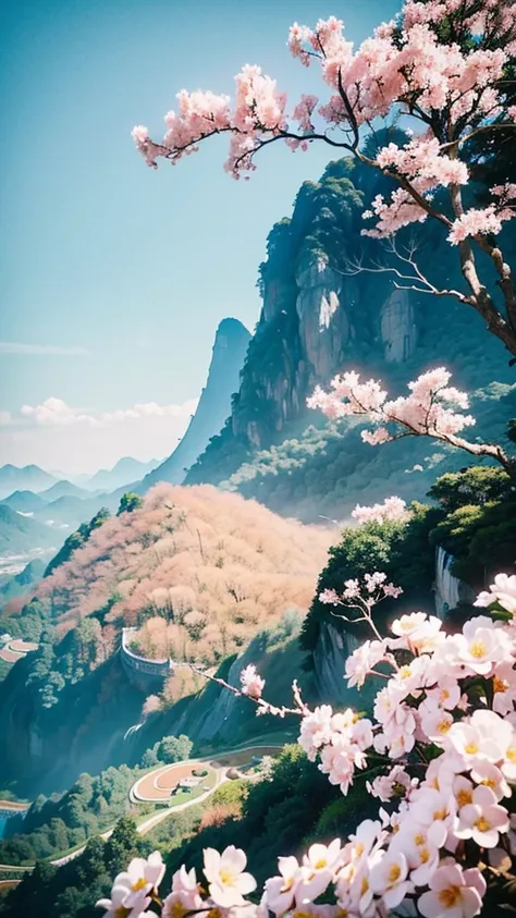 The famous Yandang Mountain，There are flowers and trees nearby，So majestic，So spectacular!，Chinese Ink Painting，Zhang Daqian style，traditional Chinese painting，Lots of white space，Rice background，Soft colors，Improved color matching，Master award-winning wor...