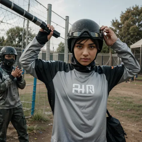 picture of a man wearing a gray paintball uniform, side-banged hair, both hands raised up as a sign that he is giving up because he lost playing paintball, several splashes of paintball paint can be seen on the mans uniform, his right hand is holding his g...