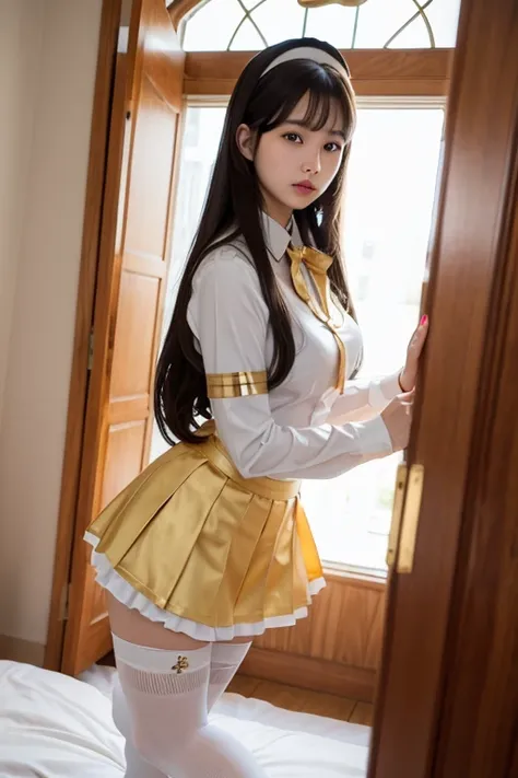 Gold maid uniform,humongous breats,extremely long hair,knee long socks,miniskirt,transparent,sexy
