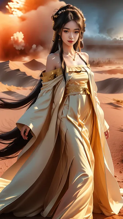 Girl in traditional Chinese clothing, Hanfu, Guzhen Hanfu women, White Hanfu,(long straight black hair:1.5), black eyes, black bun hairstyle, hair accessories ,gold long earrings, , Dia Necklace, Clear eyes, Facing forward,put on makeup, Long eyelashes ,(b...