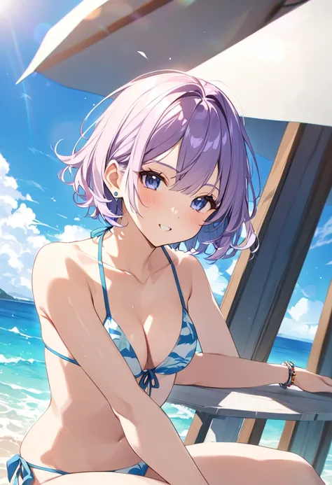 summer、Ocean、blue sky、Bikini color is random、beautiful girl、sexy、Short Hair、Hair color is random