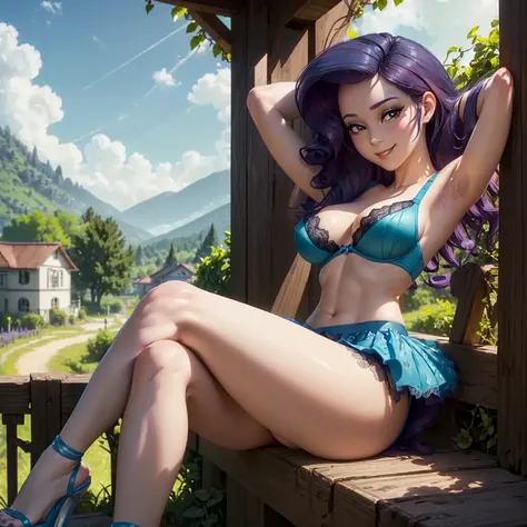 (((beautiful female body))),(((rarity as a sweet charming hot seductive horny model))) ,(((sit on the fences of grape garden  crossed legs)))), (((outdoor))),(((jungle in background))),(((lewd and erotic posing))), (((happy wicked smile))) ,(((wear light b...