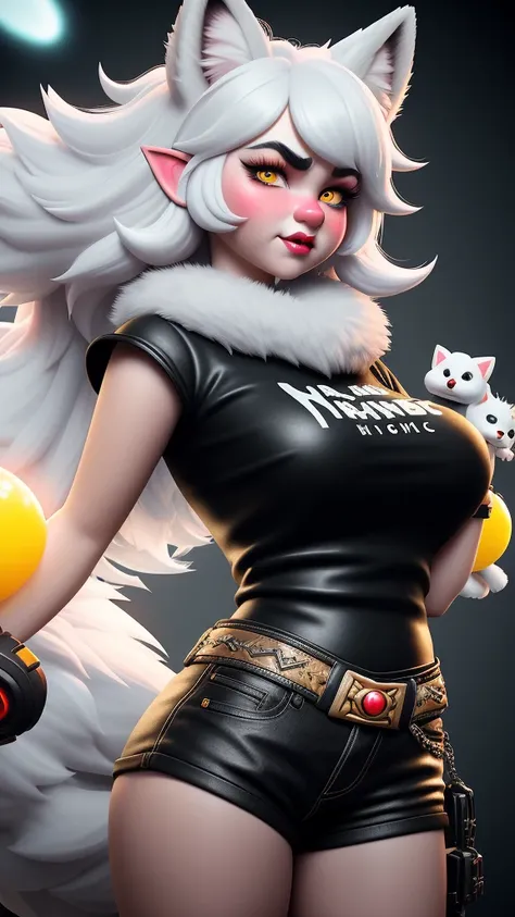 [((An anthropomorphic arctic fox woman with fluffy fur and feminine body shapes is shown. The woman has short white hair with black tips and black stripes on her cheeks, and is dressed in light summer clothing consisting of short shorts and a light t-shirt...