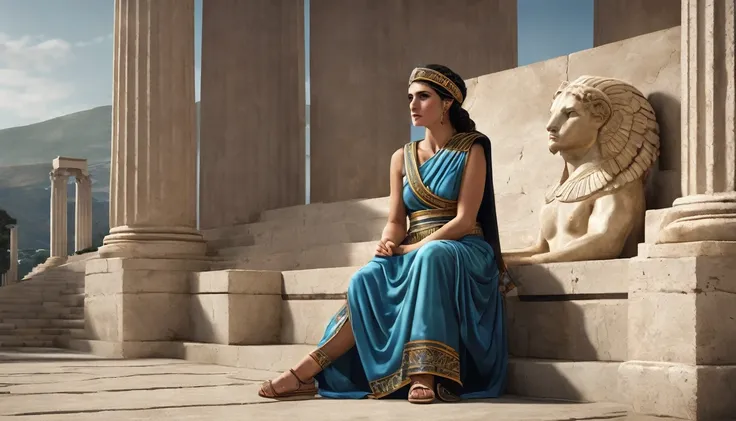 Create a photorealistic, 32K resolution image depicting a scene from Ancient Greece where a woman is sitting sadly outside the Olympic arena. Capture high quality, realism, and intricate details, showing the vibrant activity of the male athletes competing ...