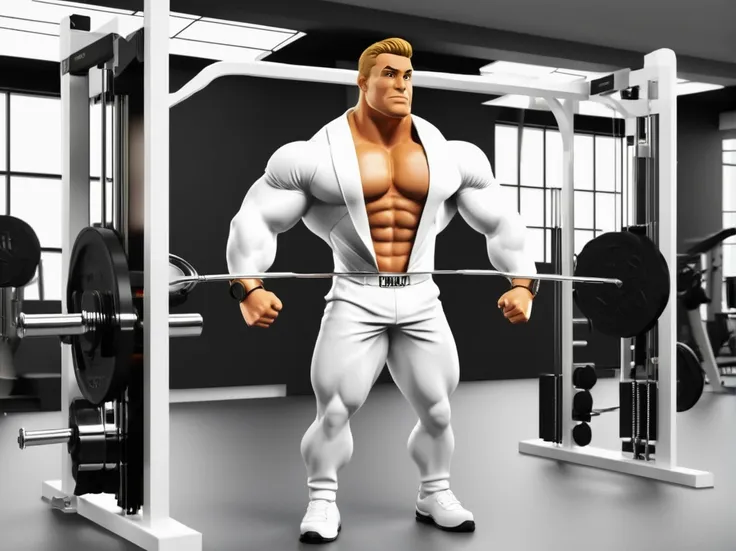 galo antropomorfo bodybuilder, white coat, 3d render, style cartoon, gym mascot