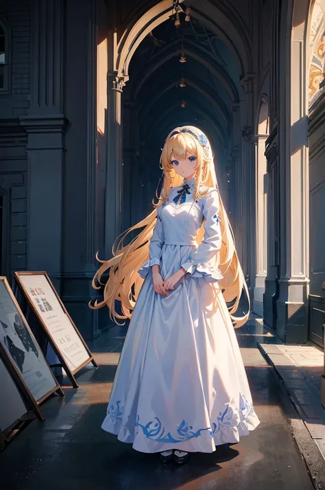 1woman, long hair, blonde hair, blue eyes, formal dress, standing on ground, high res, ultra sharp, 8K, masterpiece