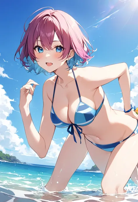 summer、Ocean、blue sky、Bikini color is random、beautiful girl、sexy、Short Hair、Hair color is random