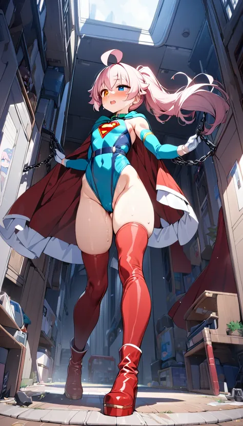 (full body), (masterpiece:1.2), (Highest_quality:1.2), (Ultra_detailed:1.3), 8K, Low - Angle，From below， 1 Girl，alone，大きなButtの女の子, red knee high long boots，wearing spcc costume with cape，( Supergirl), Blue leotard，Red mini skirt，Red Cape，gloves，hoshino-pon...