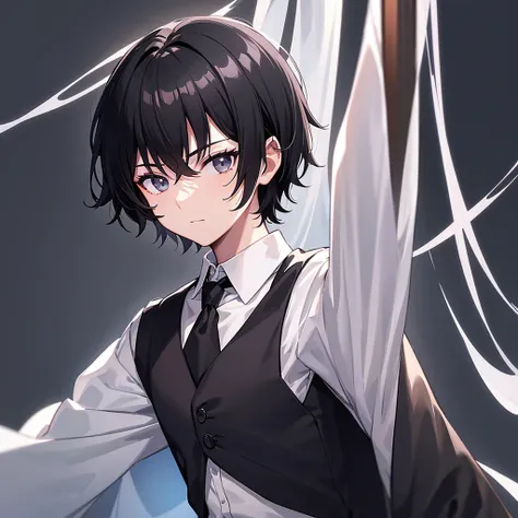 1 boy, black hair, short hair, detailed hair, black eyes, detailed eyes, looking at viewer, standing, upper body, black vest, white dress shirt, long sleeves, no smile, simple background, solo, ((( ultra detailed))), (((best quality))), ((masterpiece))