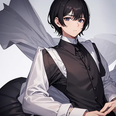 1 boy, black hair, short hair, detailed hair, black eyes, detailed eyes, looking at viewer, standing, upper body, black vest, white dress shirt, long sleeves, no smile, simple background, solo, ((( ultra detailed))), (((best quality))), ((masterpiece))