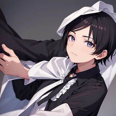 1 boy, black hair, short hair, detailed hair, black eyes, detailed eyes, looking at viewer, standing, upper body, black vest, white dress shirt, long sleeves, no smile, simple background, solo, ((( ultra detailed))), (((best quality))), ((masterpiece))