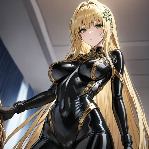 ((Highest quality)), ((masterpiece)), (detailed), （Perfect Face）、The woman is Tiare, with green eyes, medium-length blonde hair, and is wearing a luxurious black Stormtrooper bodysuit with gold patterns and trim.