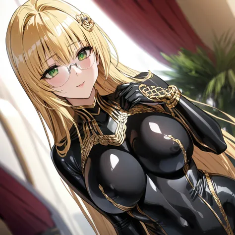 ((Highest quality)), ((masterpiece)), (detailed), （Perfect Face）、The woman is Tiare, with green eyes, medium-length blonde hair, and is wearing a luxurious black Stormtrooper bodysuit with gold patterns and trim.