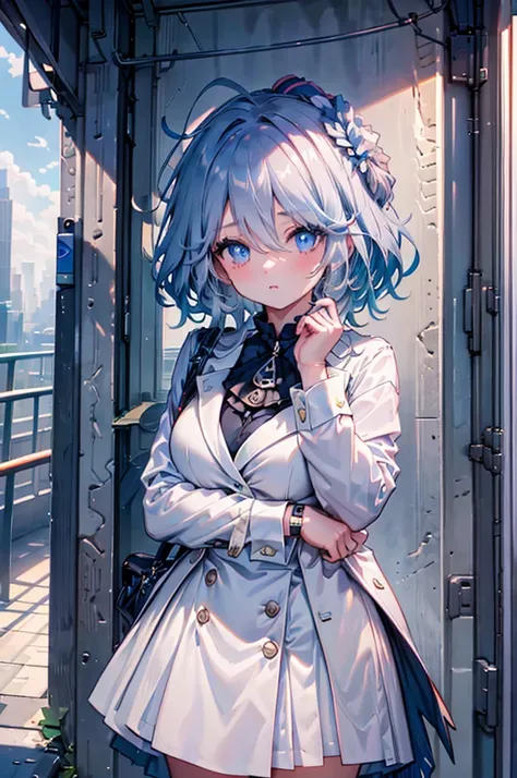 Best quality，tmasterpiece，1 plump girl，messy  hair，curled_the hair，The shirt，buisness suit，only，Kangjie，Wrist watch，choker necklace，looking over city，8K original image，Ultra-high resolution，highest details，complex，8K，HighDynamicRange