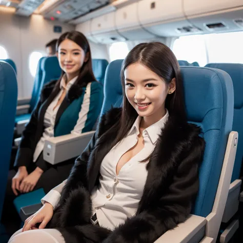 young girl 32 years old, flight attendant, sitting in the airplane seat, dressed in uniform, smiling, posing, 8k, maximum quality, maximum resolution, black fur, sexy, neckline, Free hair, very thin, pied, without jacket