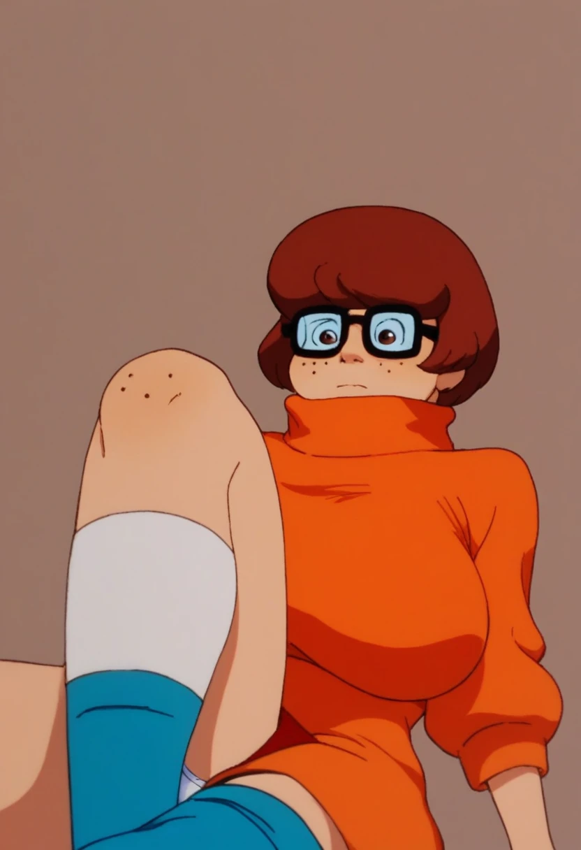 score_9, score_8_up, score_7_up, source_anime BREAK 1girl, VelmaXL, 1girl, solo, short hair, brown hair, shirt, glasses, socks, sweater, knee highs, turtleneck, freckles, orange shirt, orange sweater, full view, brown eyes, large breasts, huge breasts, ski...