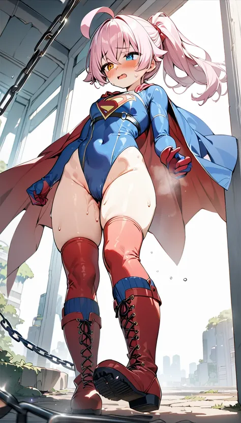 (full body), (masterpiece:1.2), (Highest_quality:1.2), (Ultra_detailed:1.3), 8K, Low - Angle，From below， 1 Girl，alone，大きなButtの女の子, red knee high long boots，wearing spcc costume with cape，( Supergirl), Blue leotard，Red mini skirt，Red Cape，gloves，hoshino-pon...