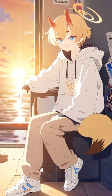 A 16 years old boy, white shoes, Latte coloured jeans, sunset design hoodie, oni horns, fox tail, Blue eyes, blonde hair, Orange halo, (Blue Archive character)