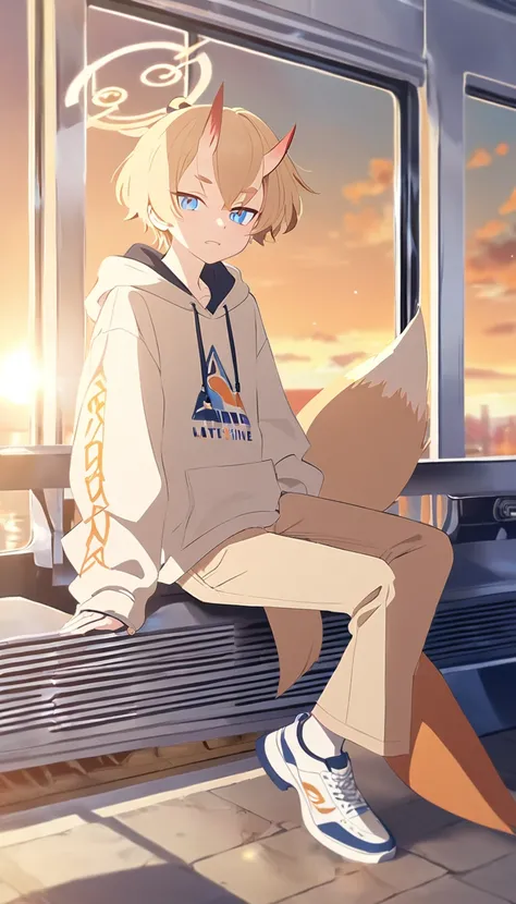 A 16 years old boy, white shoes, Latte coloured jeans, sunset design hoodie, oni horns, fox tail, Blue eyes, blonde hair, Orange halo, (Blue Archive character)