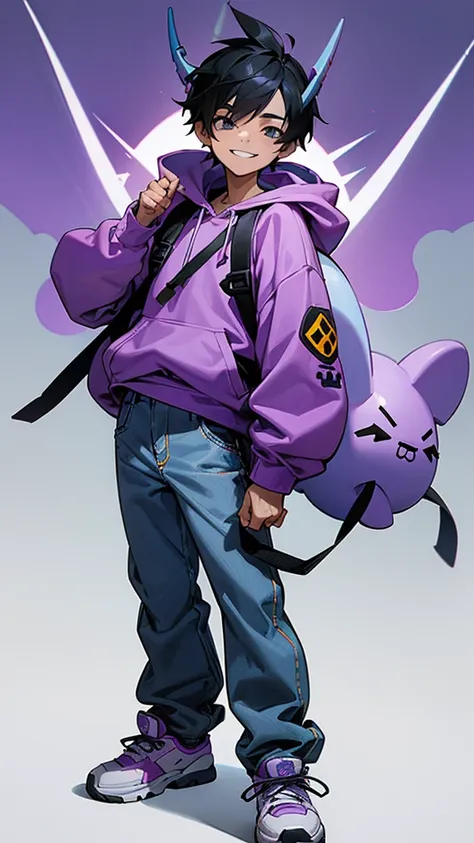  A cartoon character wearing a purple hoodie, baggy grey jeans and white sneakers with a cross-shaped logo on them. The boy has black hair and is smiling. Hes holding a blue backpack over his shoulder. On the hood of his jacket he wears two small horns lik...