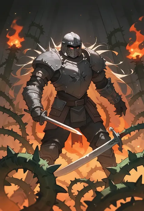 Painting, dark fantasy, thorns, black fire, swords, metal armor, empty helmet, long thorns, very long thorns!A giant infernal sword in the middle, surrounded by thorns