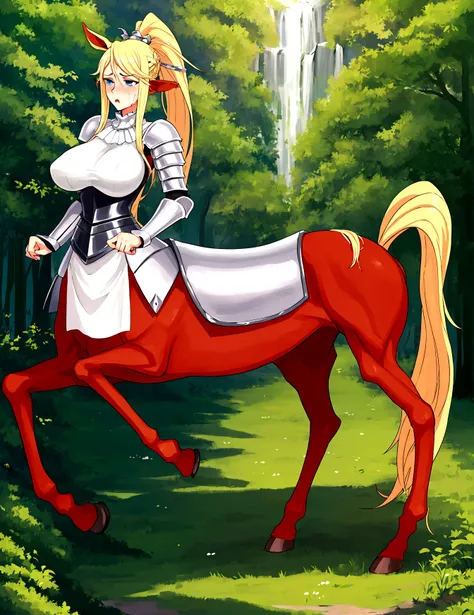 Anime centaur.1 girl. cutie. centaur girl, Half man. monster girl. centaur. Girl - horse. blonde. long hair. hair ornament. Her hair is pulled back into a high ponytail.. Blue eyes. Beautiful eyes. Perfect eyes. expressive eyes. perfect face. face, about t...