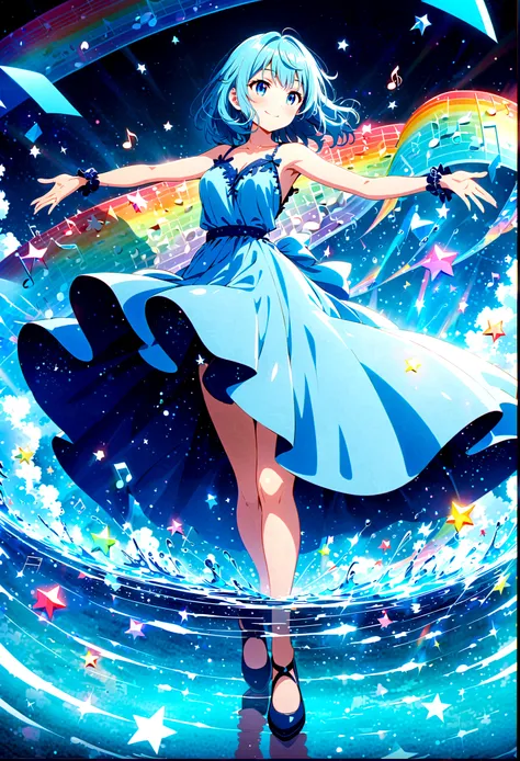 Anime style, ultra-detailed, 8K CG, blue-haired girl, smile, blue world, mysterious blue objects floating, star, (musical note), rainbow, blue dress, reflection, rainbow-colored water dancing around her. Rotating rainbow-colored water.