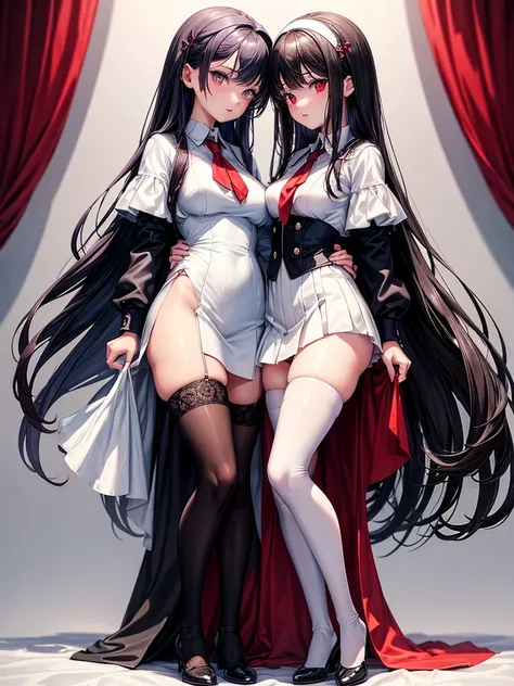 ((best quality)), ((Masterpiece)), (details), 2 girls, The first one has long black hair.,red eyes,big breasts,Slim figure,small hips,wearing a red school uniform,Put on white stockings, Two people with short black hair,purple eyes,small hips,Wear a green ...