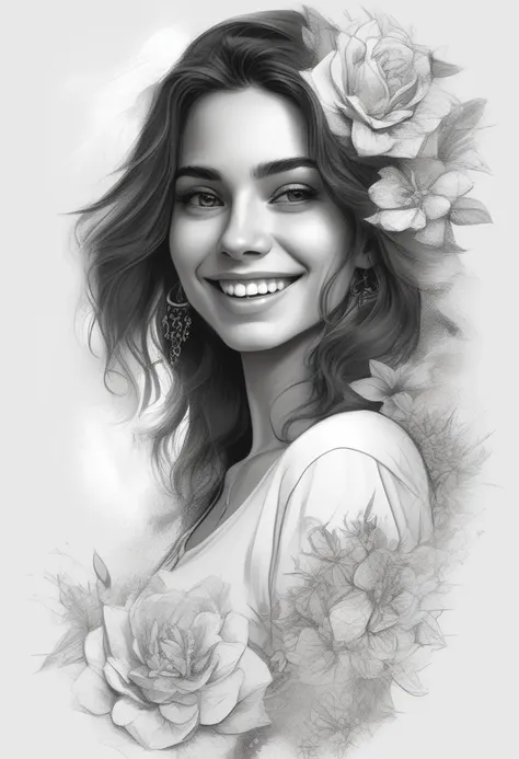 a t-shirt with realism style, t-shirt design, centered art, 2d vector, floral theme, face of a beautiful spanish woman smiling, ...