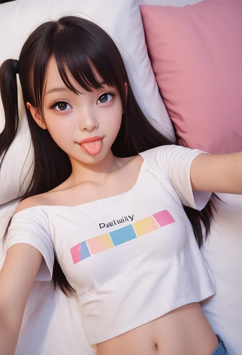 ollarbone,pastel colors t-shirt,off-shoulder look,bare shoulder,midriff peek,micro shorts,open mouth,(tongue out:2),lying,Selfie,looking ahead,from above,front view,upper body,(1girl,Beautiful 14 year old girl),((Slender,Small breasts,Small face,)),looking...