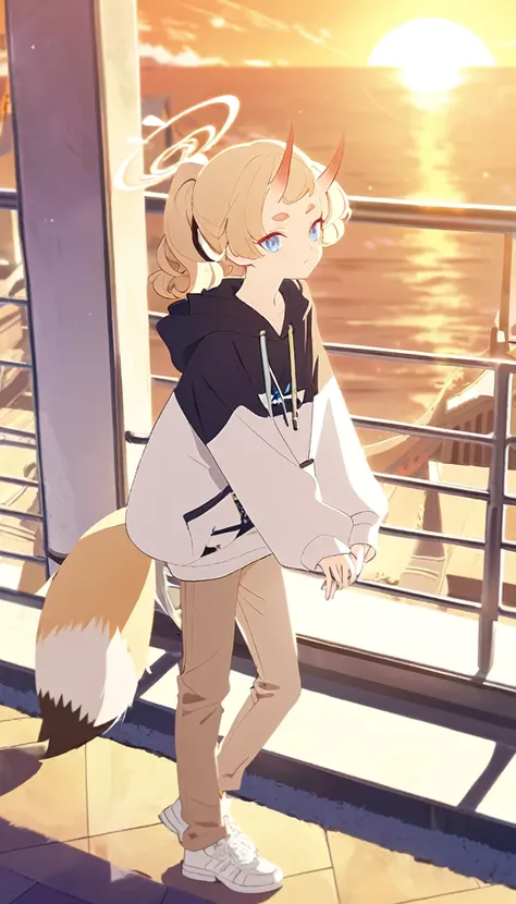 A 16 years old boy, white shoes, Latte coloured jeans, sunset design hoodie, oni horns, fox tail, Blue eyes, blonde hair, Orange halo, Short curly hair, ponytail, (Blue Archive character)