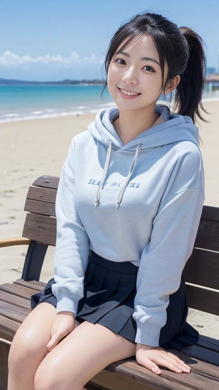 (masterpiece:1.3), (8K, Photorealistic, RAW Photos, Best image quality: 1.4),20 year old cute Japan woman、((Side-swept ponytail))、(Perfect body)、Jet Black Hair、Straight Hair､Highest quality、masterpiece、Ultra-high resolution、(hoodie)、(Pleated mini skirt)、Hi...