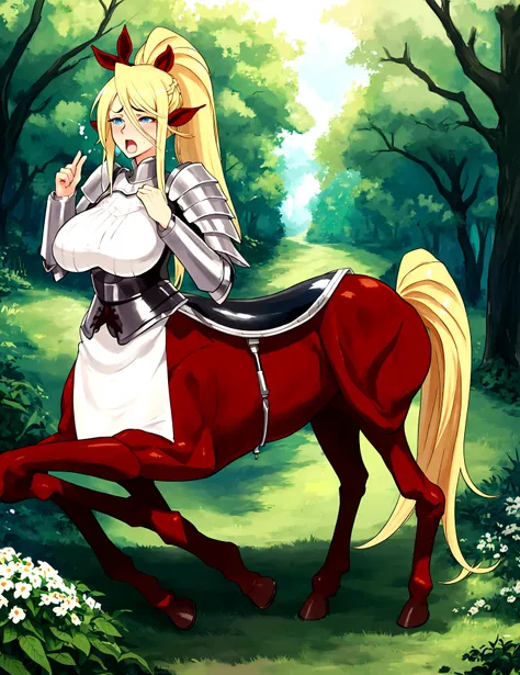 Anime centaur.1 girl. cutie. centaur girl, Half man. monster girl. centaur. Girl - horse. blonde. long hair. hair ornament. Her hair is pulled back into a high ponytail.. Blue eyes. Beautiful eyes. Perfect eyes. expressive eyes. perfect face. face, about t...