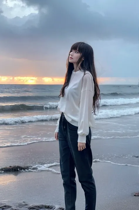 22year old beautiful girl、Highest image quality、realistic、16K、beautiful woman、long hair、With bangs、Pretty slim、heavy rain、While walking through the Beach in the rain、wet from heavy rain、Full body figure、Look up at the sky、Standing on the beach