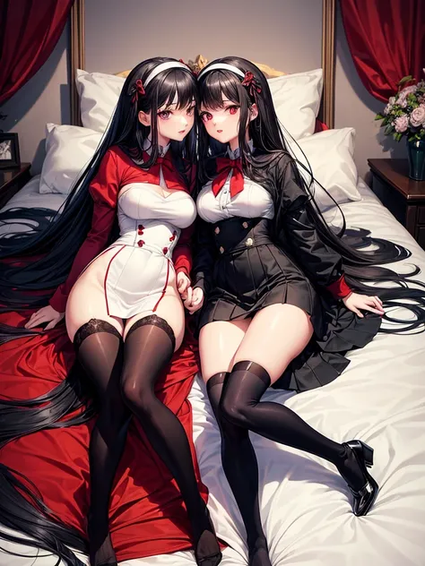 ((best quality)), ((Masterpiece)), (details), 2 girls, The first one has long black hair.,red eyes,big breasts,Slim figure,small hips,wearing a red school uniform,Put on white stockings, Two people with short black hair,purple eyes,small hips,Wear a green ...