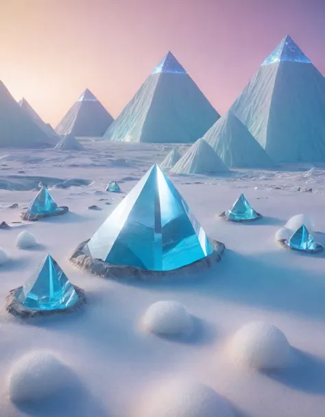 Alien landscape composed of huge crystal pyramids in a cold atmosphere, Foretelling the weather on exoplanets. The scene is filled with breathtaking beauty, Showcasing ultra-realistic textures and stunning lighting. The winning photo, Shot in 8k with a Can...