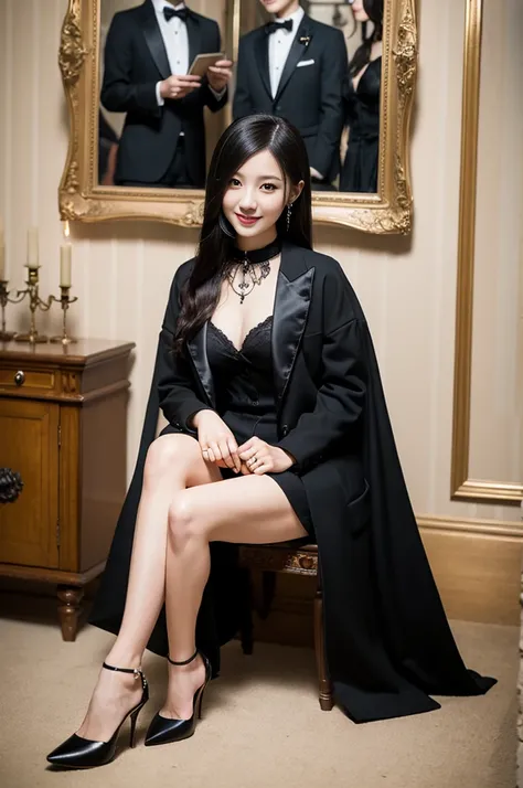 Pure young Japanese girl, wearing dark colors gothic style suits, high heels, vivid makeup, natural black hair styles, sitting in antique in style rooms, sweet smile, professional portrait photography, 