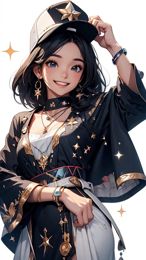 there is a computer animated character holding her hands out to the camera, 1girl, solo, sparkle, hat, black hair, white background, smile, jewelry,Cheerful girl