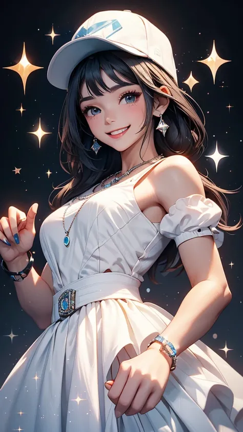 there is a computer animated character holding her hands out to the camera, 1girl, solo, sparkle, hat, black hair, white background, smile, jewelry,Cheerful girl