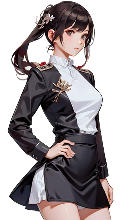 Practical, high resolution, Soft Light, 1 female, Solitary, Hips up, Black long hair, captain, jacket, shirt, skirt
