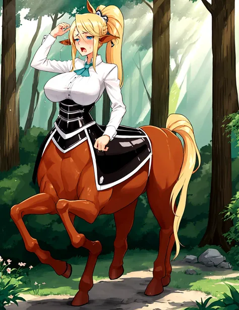 Anime centaur.1 girl. cutie. centaur girl, Half man. monster girl. centaur. Girl - horse. blonde. long hair. hair ornament. Her hair is pulled back into a high ponytail.. Blue eyes. Beautiful eyes. Perfect eyes. expressive eyes. perfect face. face, about t...