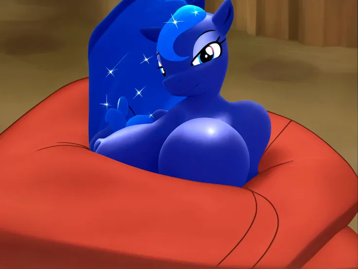 there is a cartoon picture of a pony with a blue dress, anthropomorphic mare, smooth blue skin, neon hooves, with blue skin, obsidian hooves, changelingcore, aura of magic around her, fun pose, blue shiny eyes, sun behind her, mlp, bust, mlp fanart, bottom...