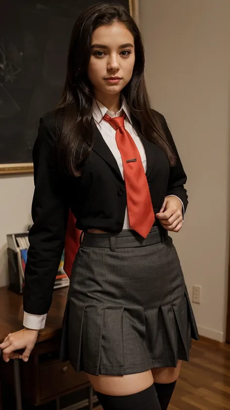 +red tie+sash+School uniform skirt+black stockings