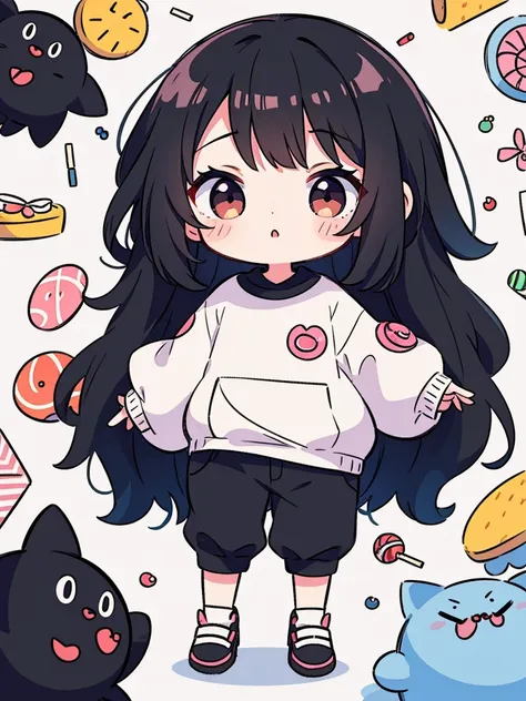 chibi character, cute, big eyes, female, long black hair, big clothes, holding a lollipop, candy