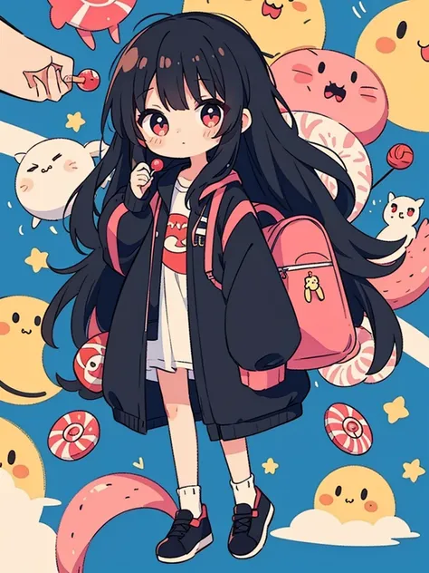 chibi character, cute, big eyes, female, long black hair, big clothes, holding a lollipop, candy