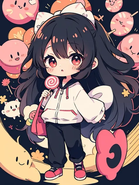 chibi character, cute, big eyes, female, long black hair, big clothes, holding a lollipop, candy