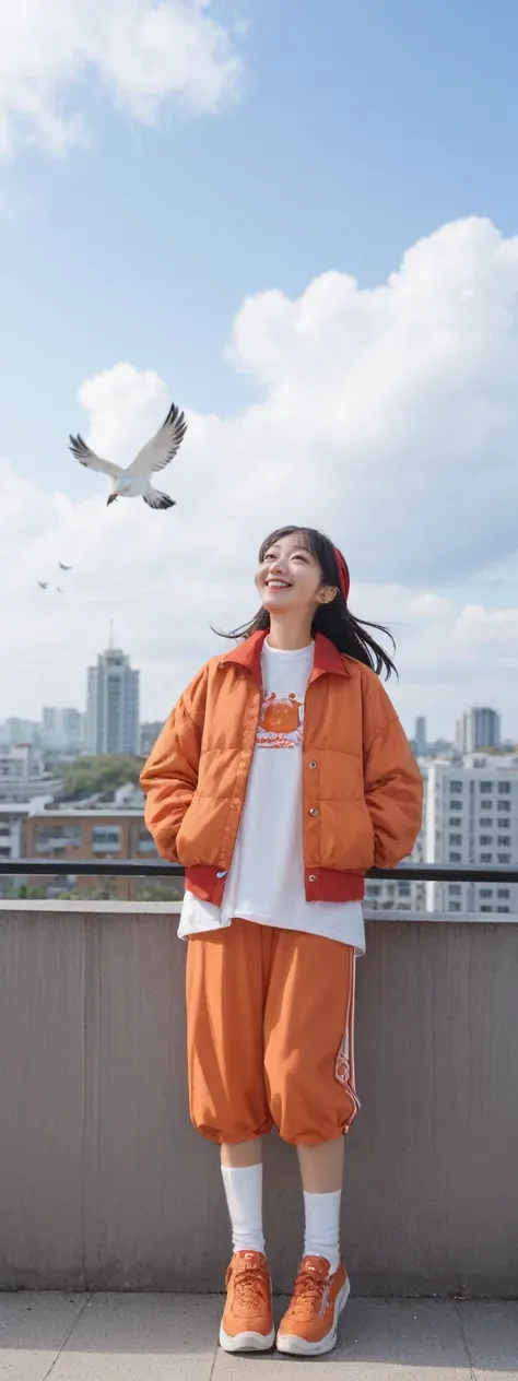 score_9, score_8_up, score_7_up, 
solo Asian girl, outdoors, smiling, black hair, red headband, orange jacket, shoes, white socks, looking up at sky and clouds, birds flying, surrounded by leaves and buildings, wide shot from below, daytime