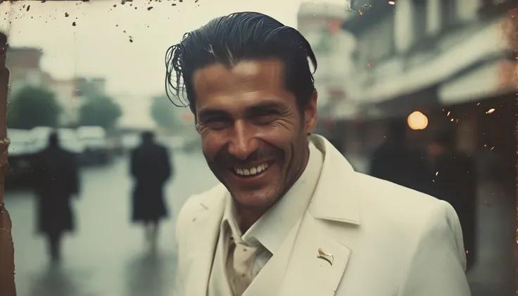 35mm vintage street photo of a 40 years old man, slick back hair, white suit, white shirt,evil laugh, determined eyes, glowing eyes, lucifer in the street, bokeh, professional