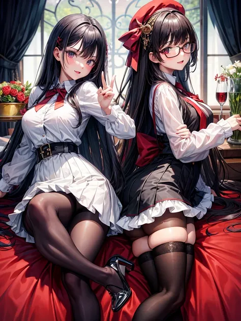 ((best quality)), ((Masterpiece)), (details), 2 girls, The first one has long black hair.,red eyes,big breasts,Slim figure,small hips,wearing a red school uniform,Put on white stockings, Two people with short black hair,purple eyes,small hips,Wear a green ...