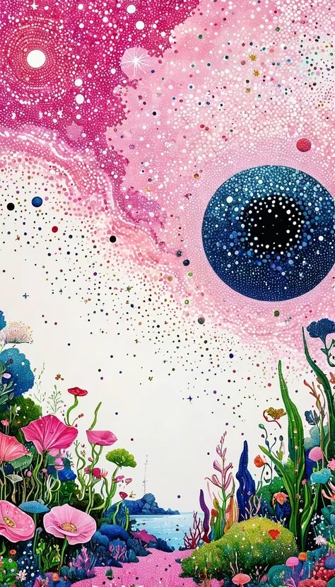 plant、Marine life、Eye、Starry Sky，An abstract painting at the joint，Describing the inner world of autistic people，Sense of space，blank，White Space，Pointillism method，Pink theme